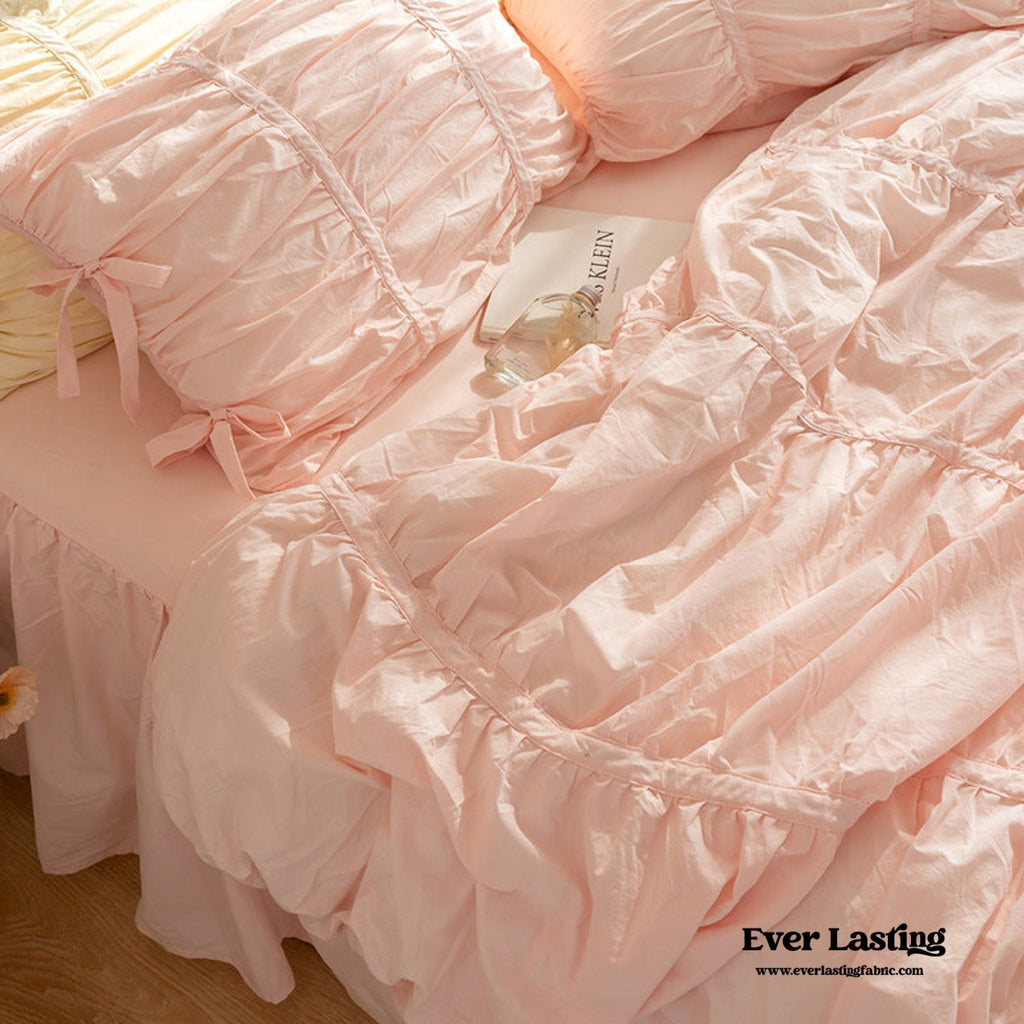 Coquette Ruffle Ribbon Ties Duvet Cover / Pink