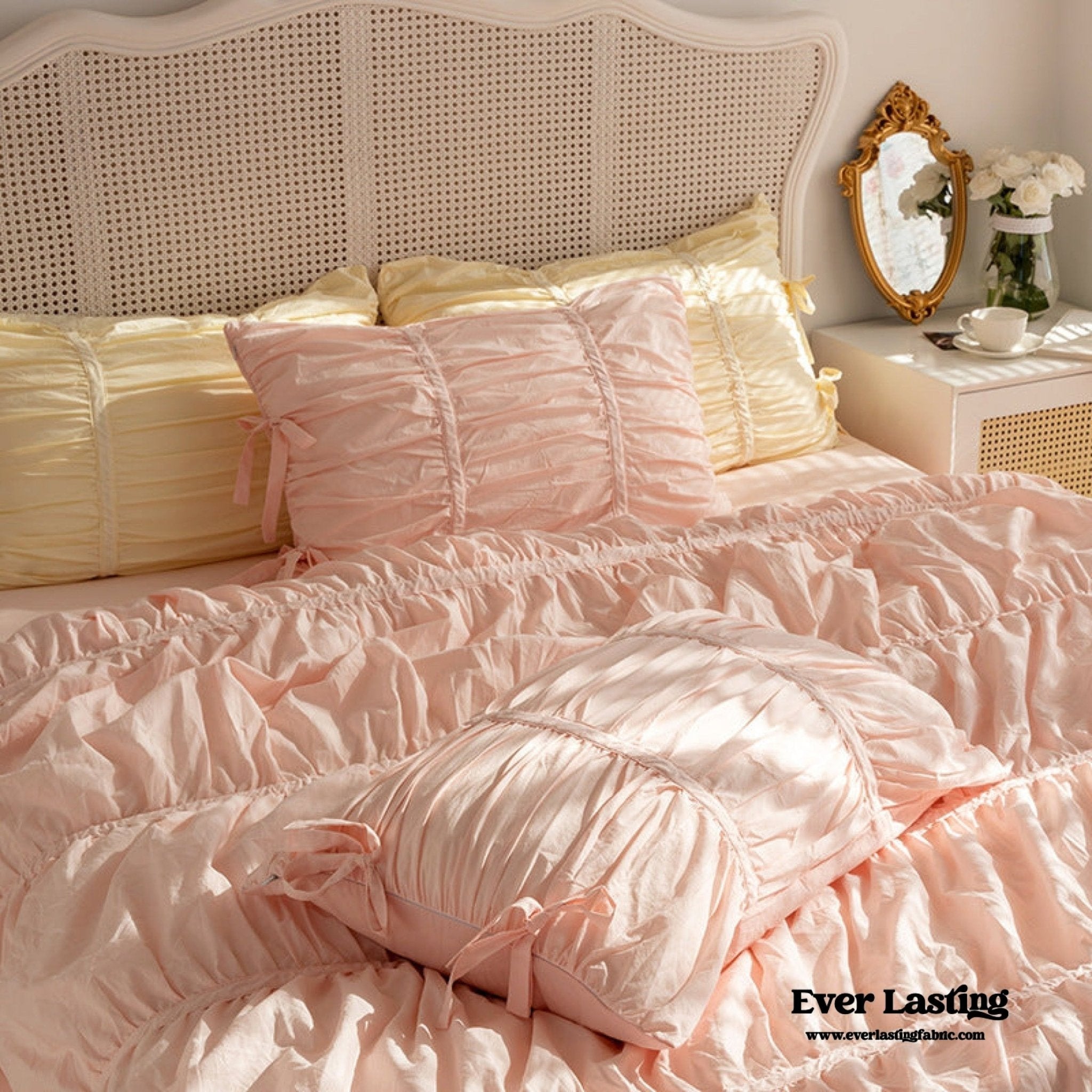 Coquette Ruffle Ribbon Ties Duvet Cover / White