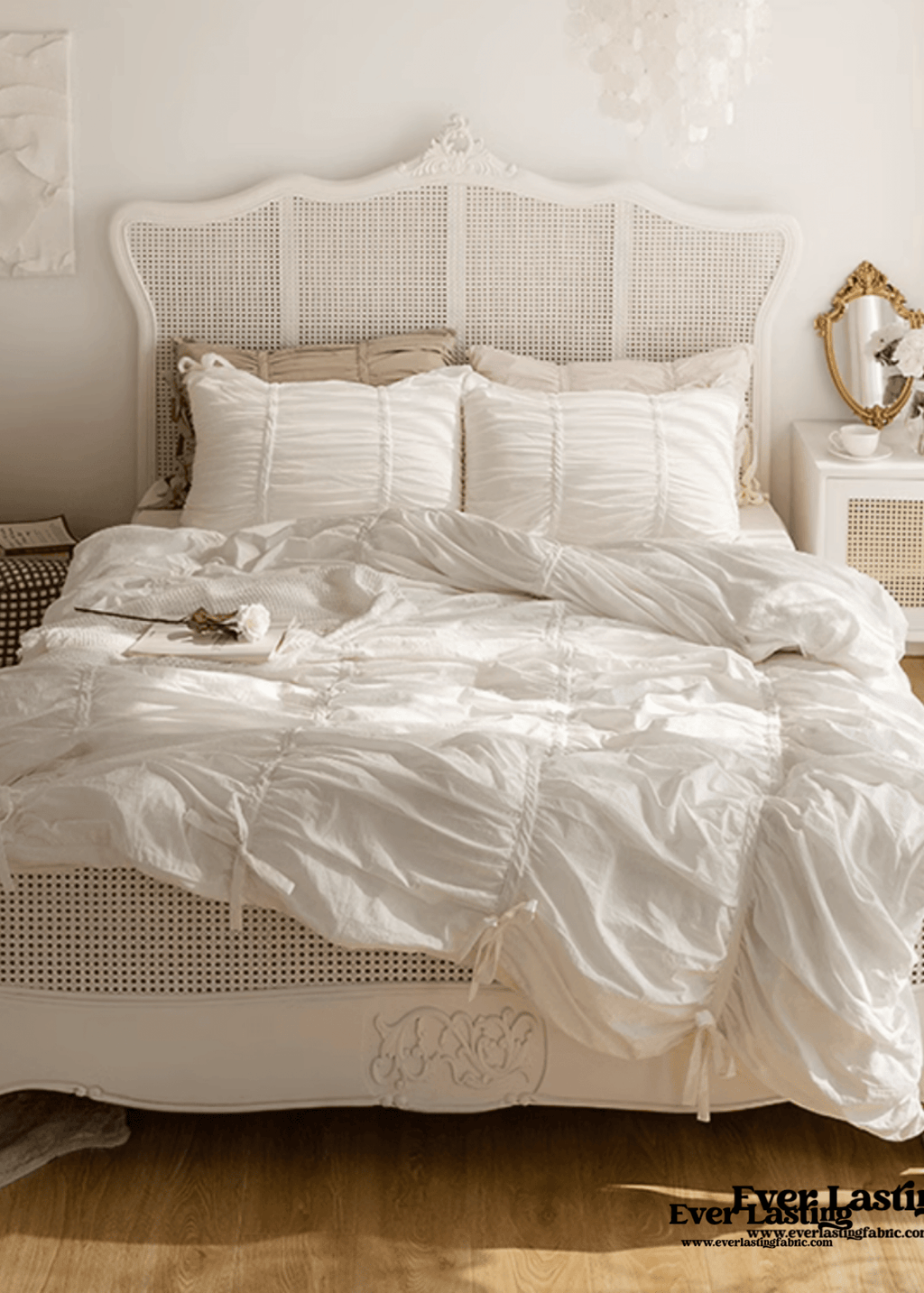 Coquette Ruffle Ribbon Ties Duvet Cover / White