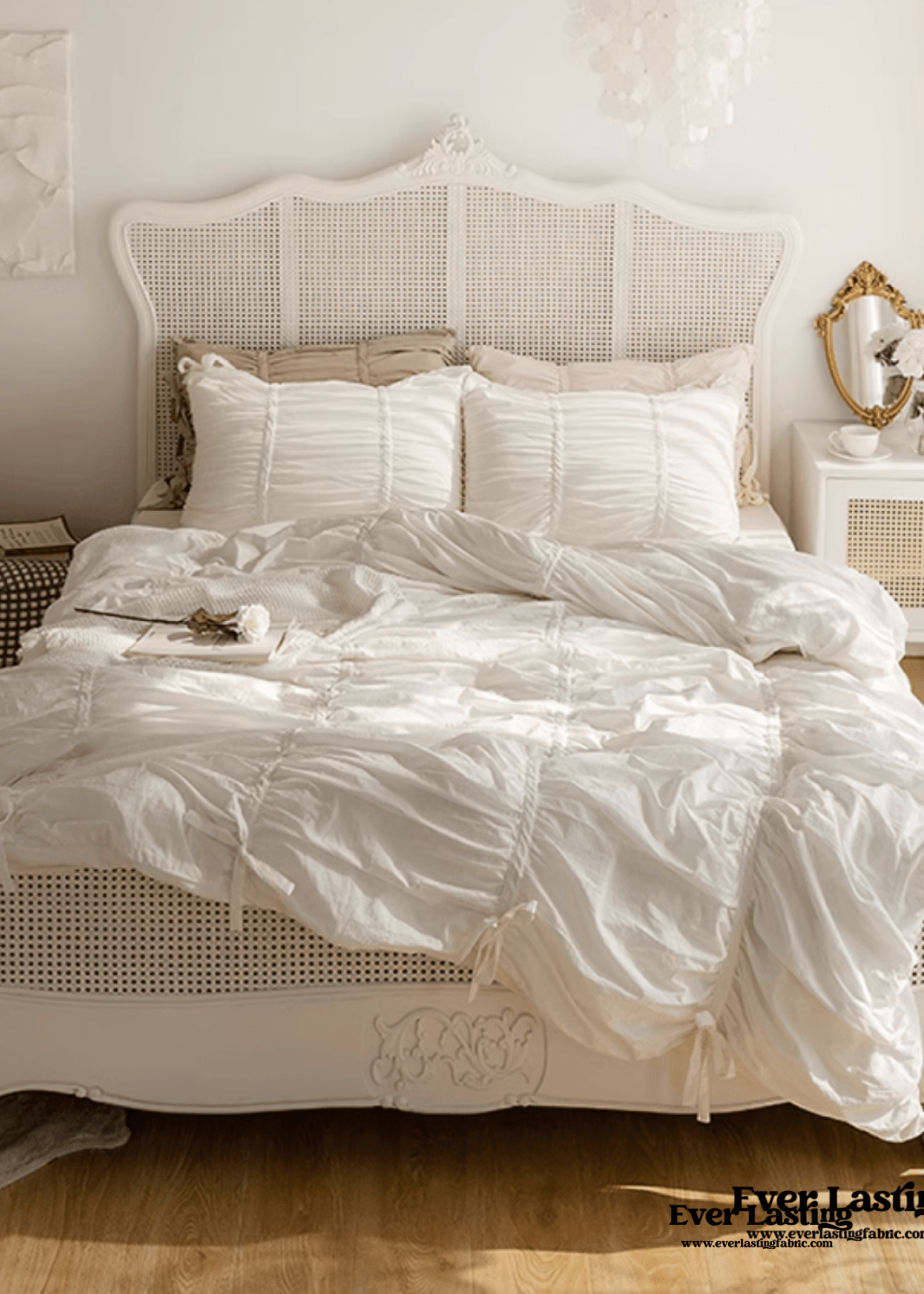 Coquette Ruffle Ribbon Ties Duvet Cover / White