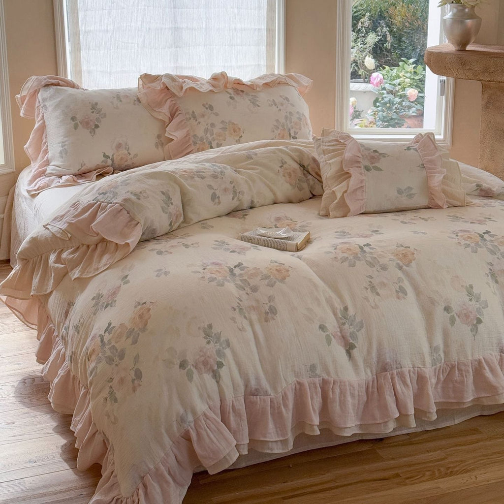 Millie Lace Ruffle Floral Bedding Set / Beige