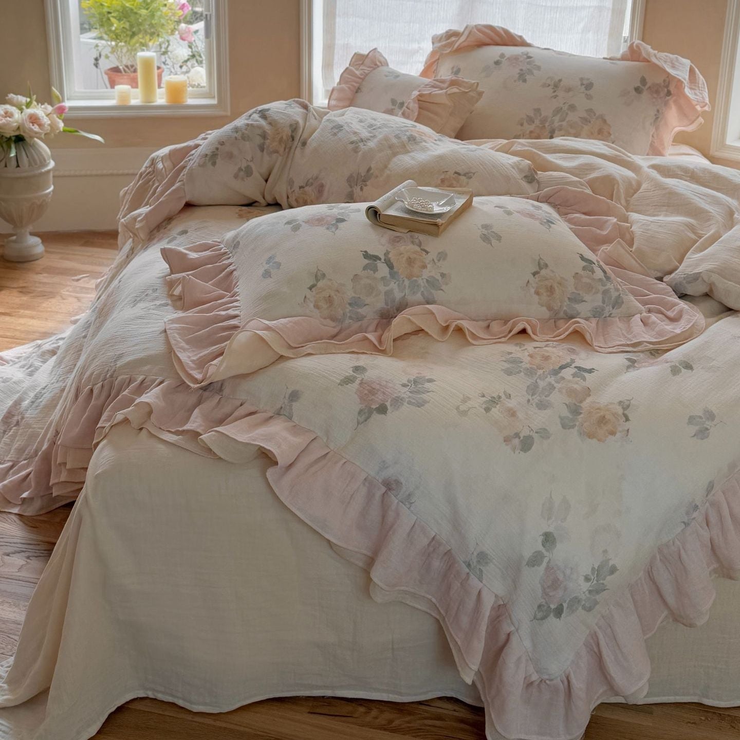 Millie Lace Ruffle Floral Bedding Set / Beige