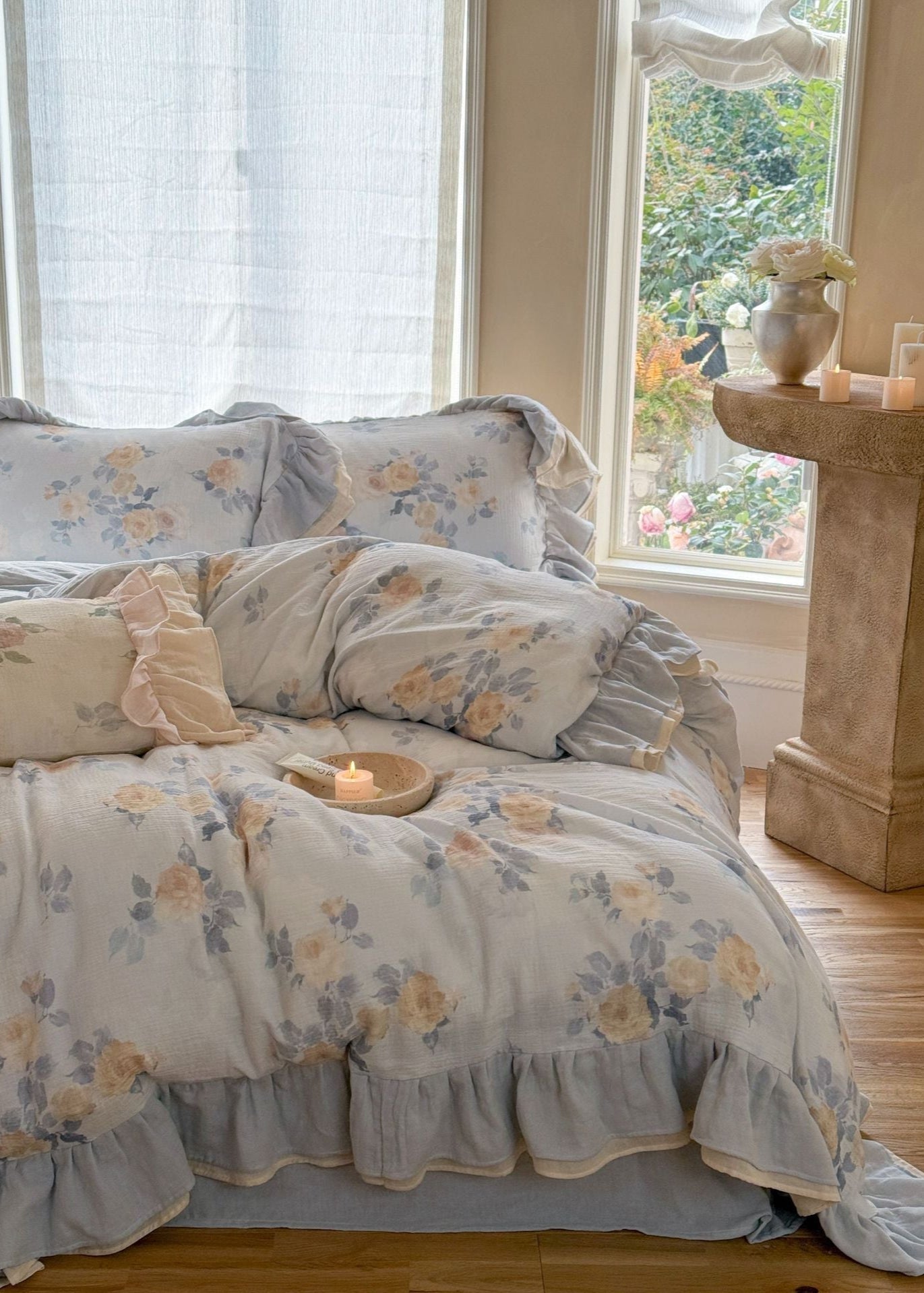 Millie Lace Ruffle Floral Bedding Set / Beige