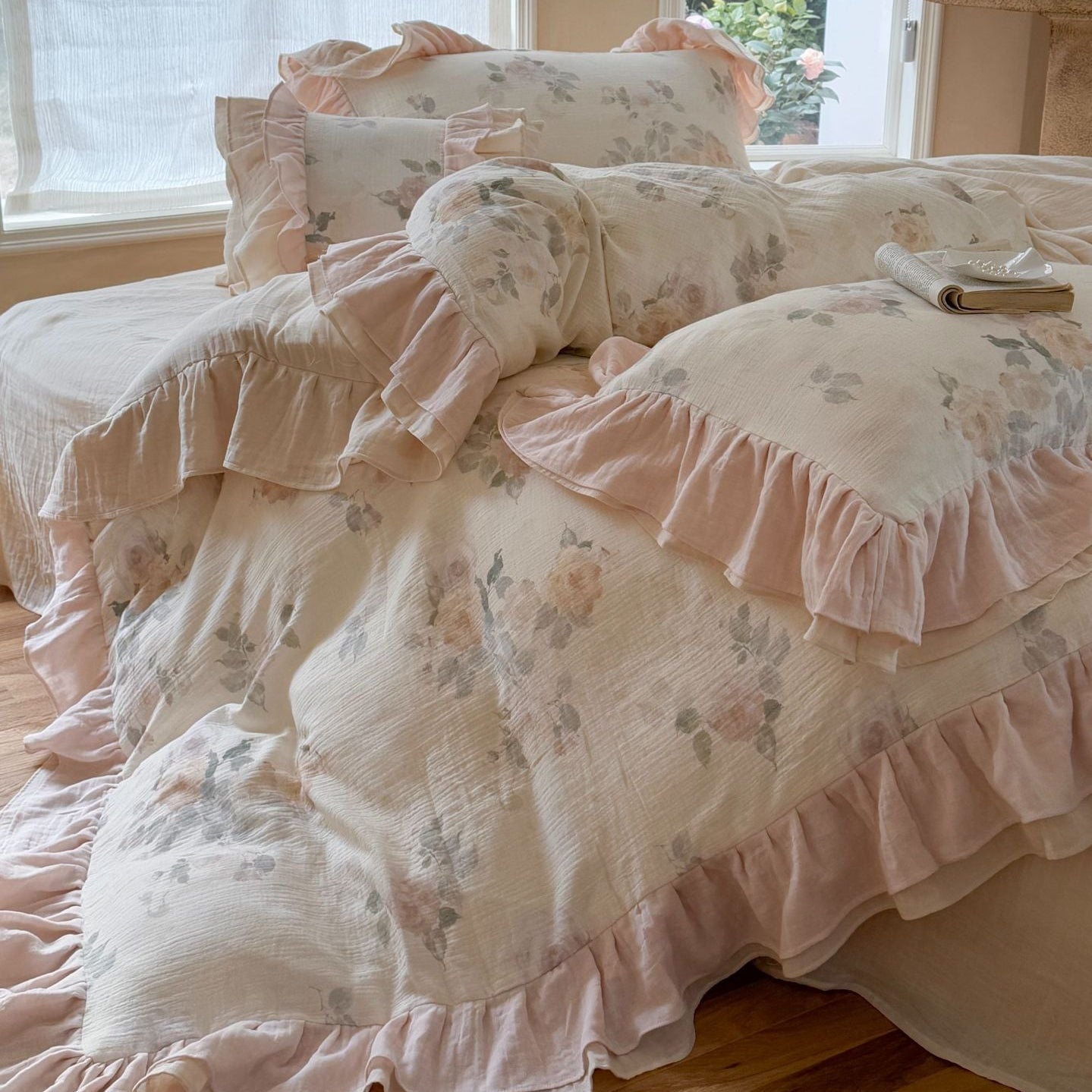 Millie Lace Ruffle Floral Bedding Set / Beige