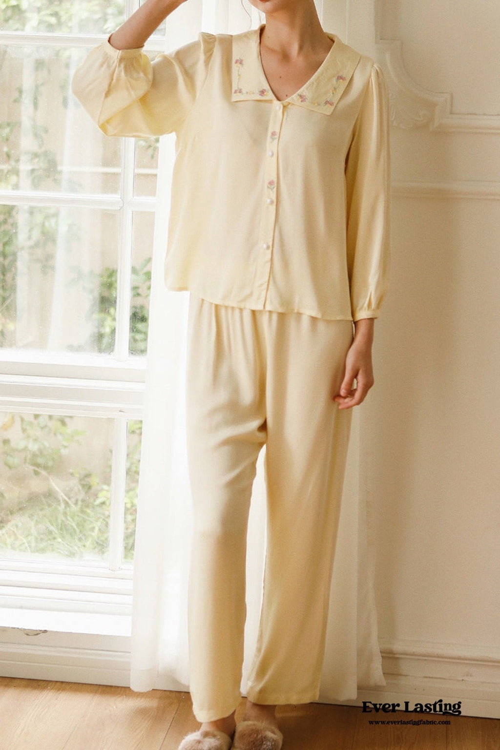 Silky Rose Cream Yellow Embroidered Short Pajama Set