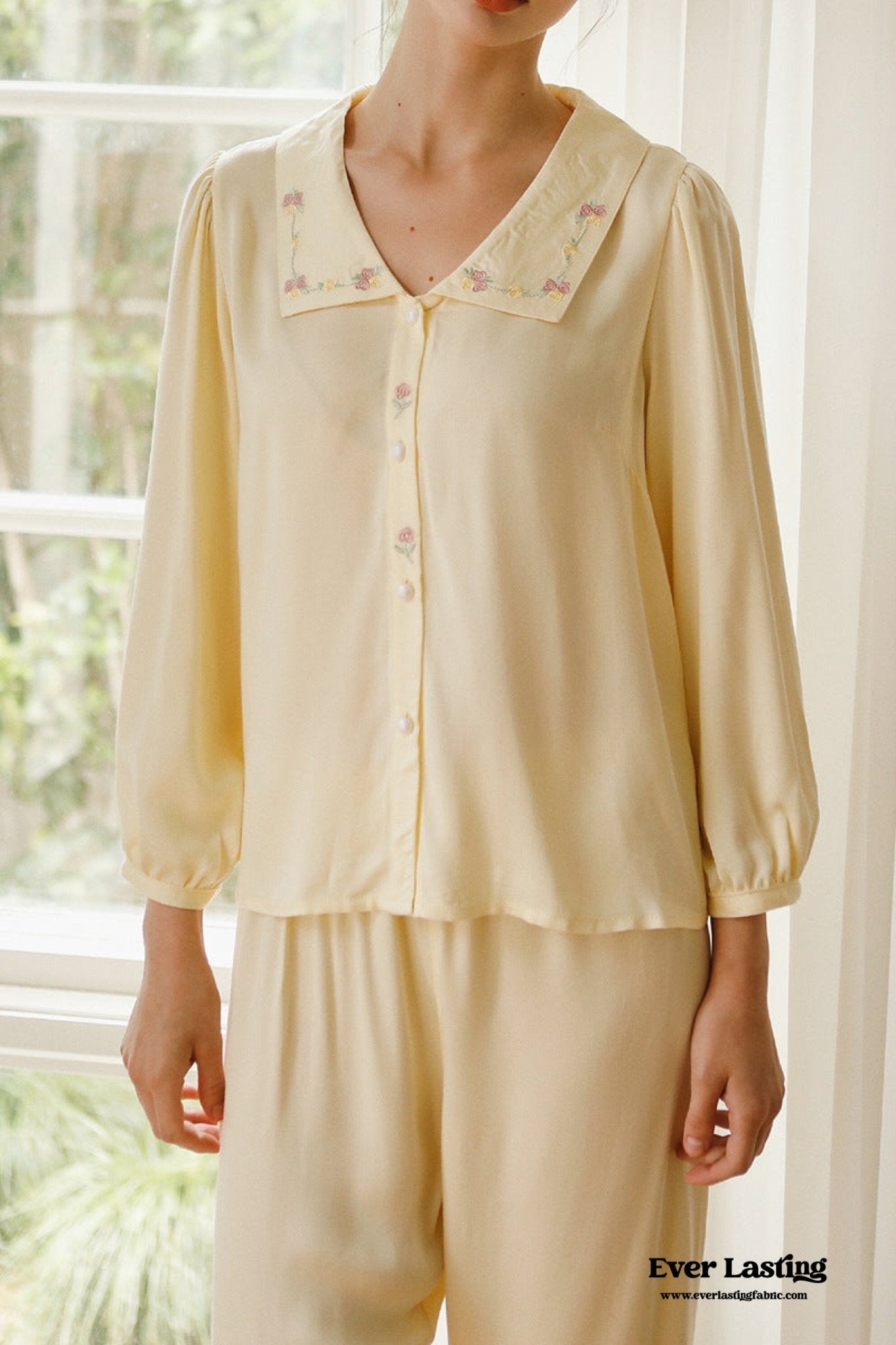 Silky Rose Cream Yellow Embroidered Short Pajama Set