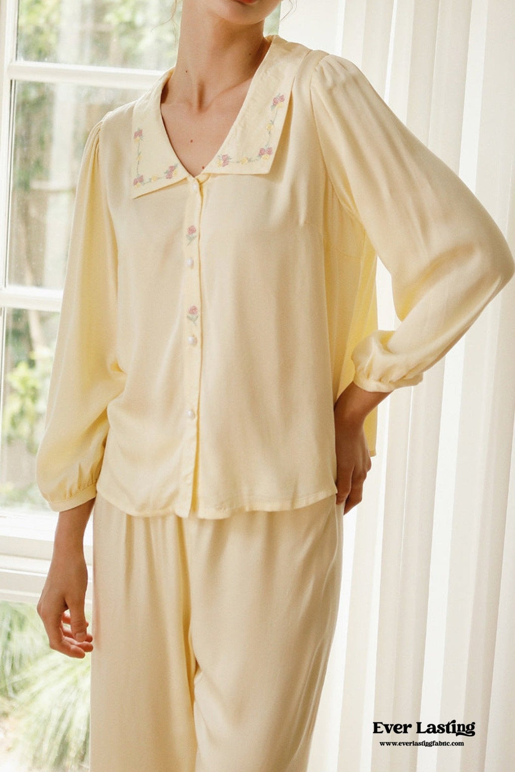 Silky Rose Cream Yellow Embroidered Short Pajama Set