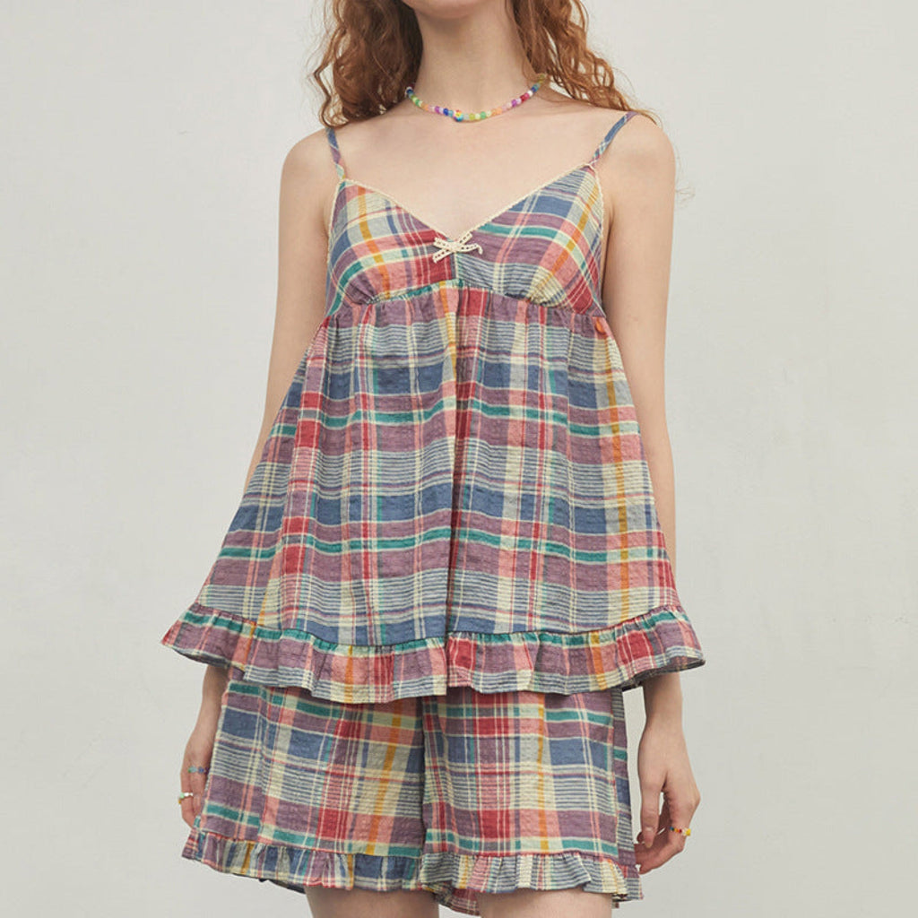 Vintage Inspired Plaid Tank Shorts Pajama Set